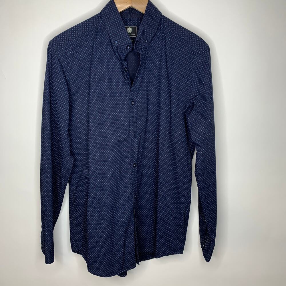 Steel & Jelly Navy Blue Geometric Print Button Up Shirt Sz Medium